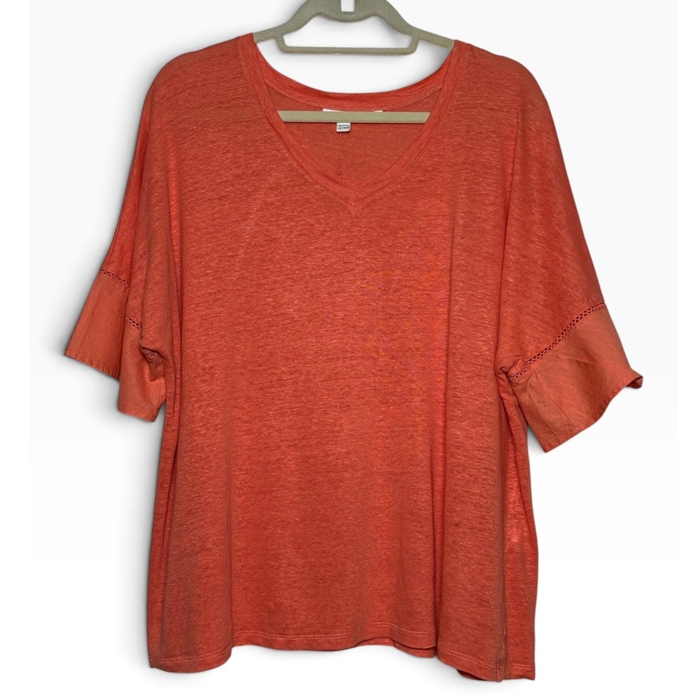 Chicos Womens 100% Linen V-Neck Top Coral Orange Short Sleeve Size 3 XL